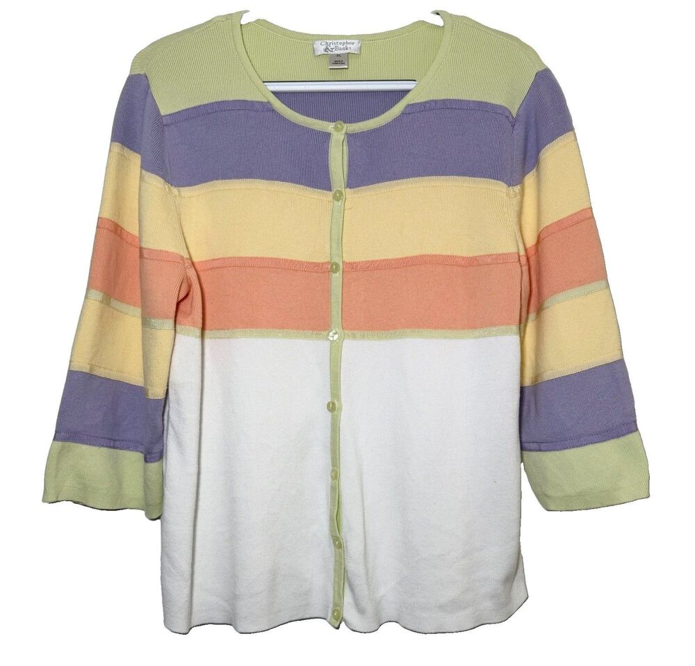 Vintage 2005 Christopher & Banks XL Pastel Stripe Cotton Cardigan Sweater